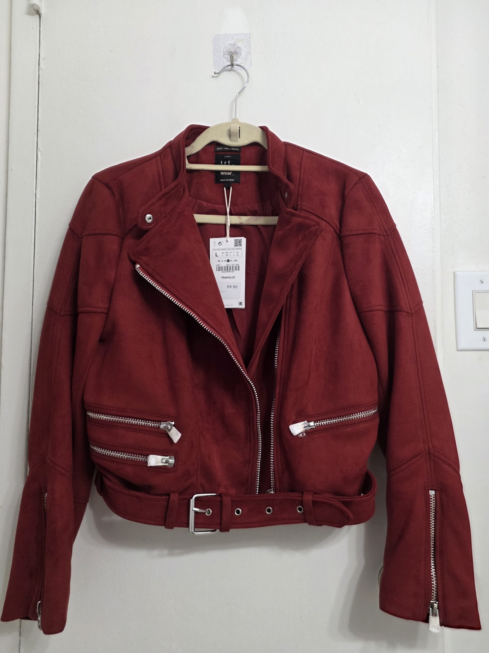 Vero Moda Wine Red Suede Moto Jacket with Silver Zippers